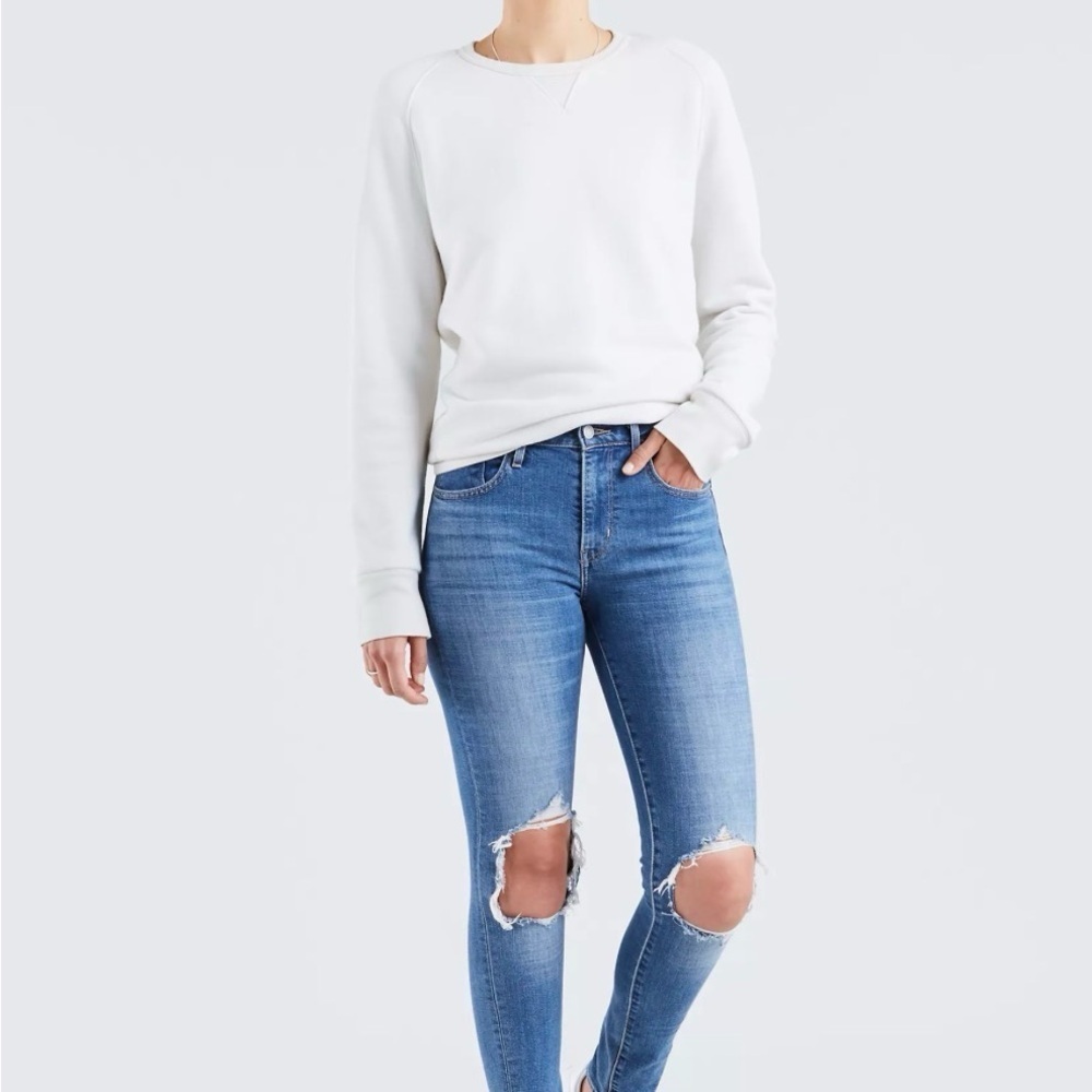 Levi's 721 High Rise Blue Distressed Skinny Jeans Ripped Knees Size 26
